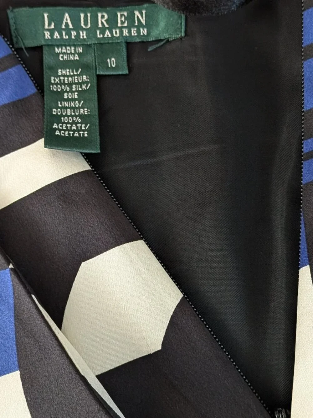 Size 10 Lauren Ralph Lauren Women’s Silk Box Pleats Skirt Blue Black & Geometric